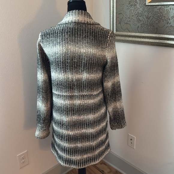 Lucky Brand car coat knit gray ivory stripes button front Sz M - Picture 7 of 12